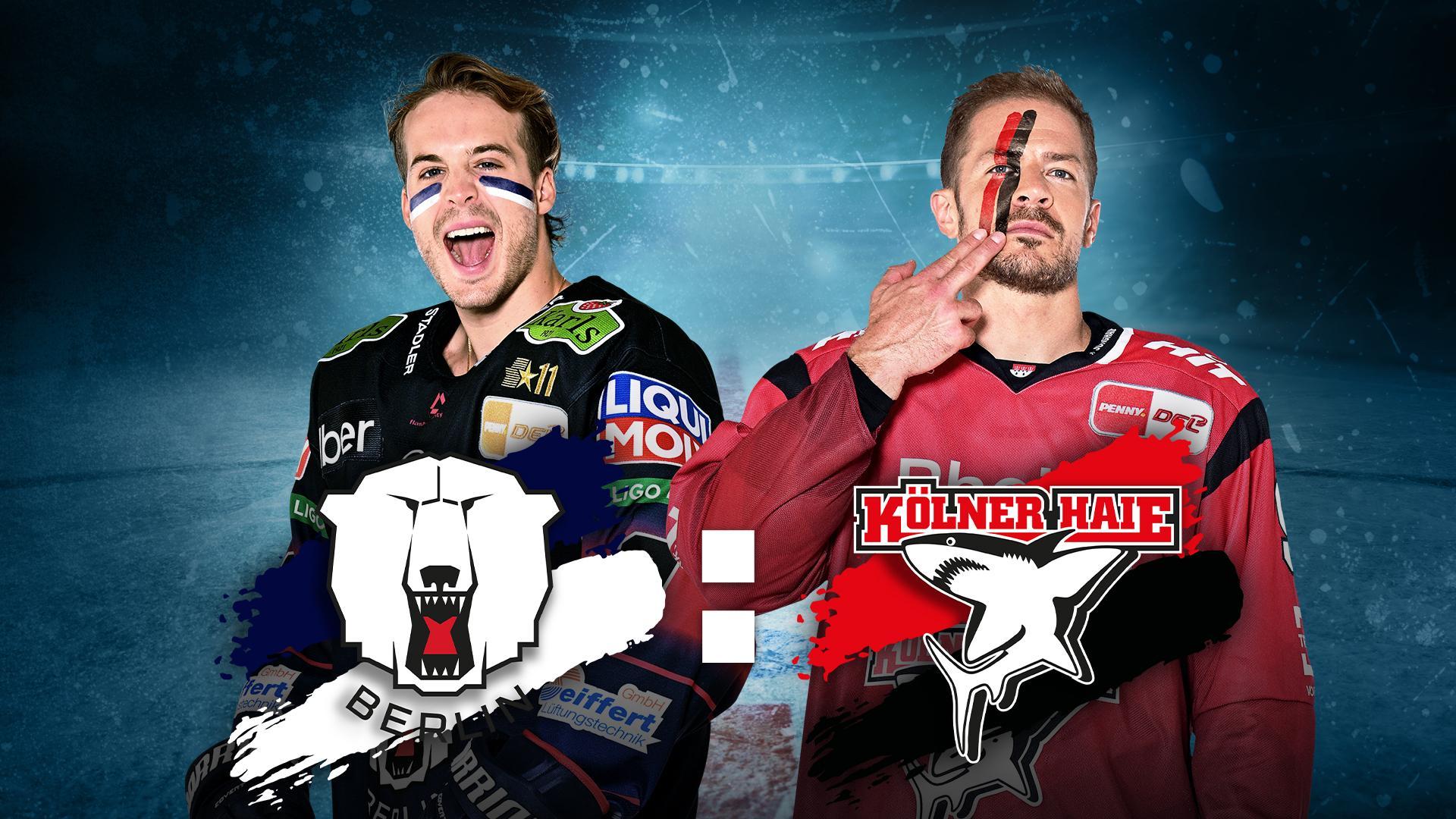 Werbegrafik mit Spielern von Eisbären Berlin und den Kölner Haien mit Vereinslogos.